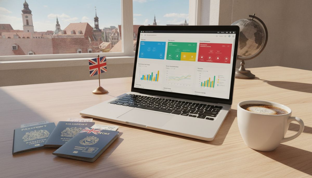 A professional, modern workspace showing a laptop with clean, colorful CRM dashboards, surrounded by international passports, a cup of coffee, and a window overlooking a sunny European city skyline, representational of a UK expat entrepreneur working globally, photorealistic, 4k