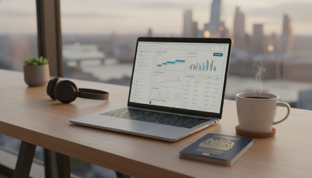 A professional modern workspace in London with a laptop displaying a business banking dashboard, a cup of coffee, and a UK passport on the side, warm lighting, shallow depth of field, high-resolution photography.
