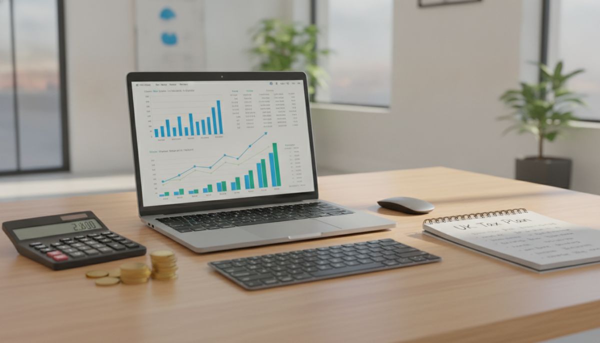 A professional modern office desk with a laptop displaying financial charts, British coins, a calculator, and a notebook with 'UK Tax Plan' written on it, clean, bright, corporate photography style