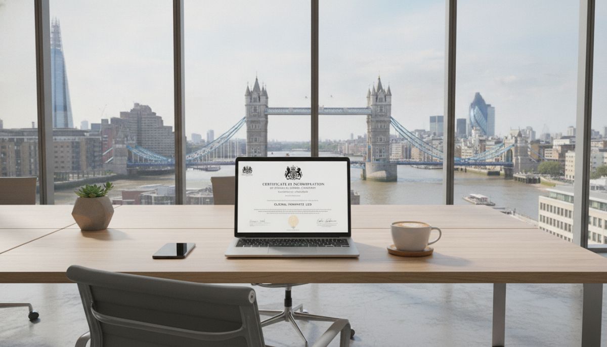 A professional modern workspace in London with a laptop displaying a UK company registration certificate, a cup of coffee, and the iconic Tower Bridge visible through a large window, photorealistic, bright lighting, 4k