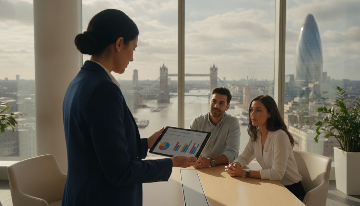 A professional financial advisor presenting data on a tablet to an expat couple in a modern, sunlit office in London overlooking the River Thames, warm and trustworthy atmosphere, professional photography, high-end corporate style
