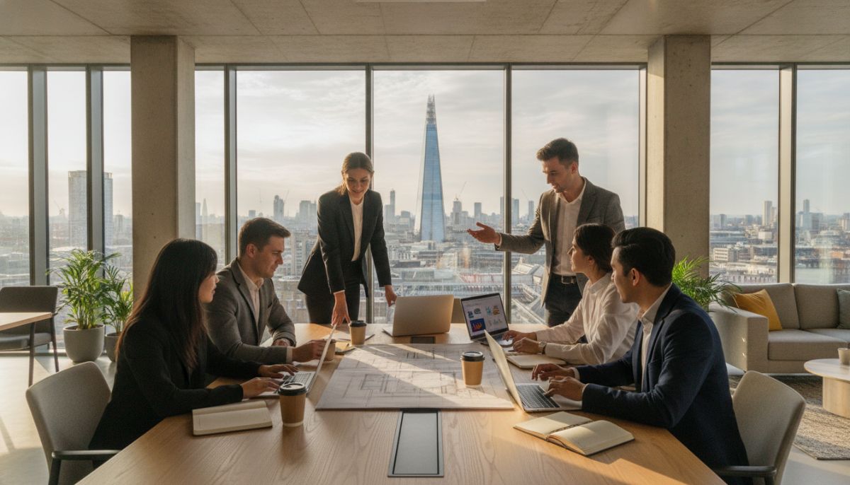 A diverse group of young entrepreneurs in a modern, sunlit London co-working space, collaborating over laptops and architectural blueprints, with a view of the London skyline visible through large glass windows, professional photography, realistic, corporate chic style.