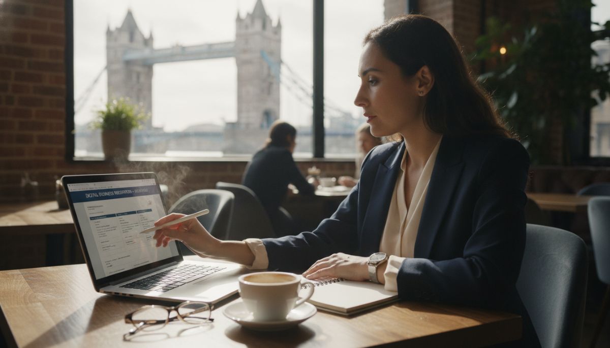 A professional expat entrepreneur signing digital business registration documents on a modern laptop in a chic London cafe, with the Tower Bridge blurred in the background, warm natural lighting, high-resolution style.