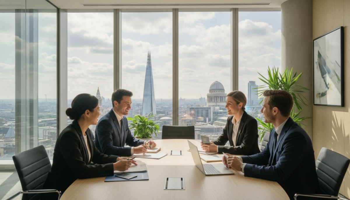 A professional modern office in London with a view of the City skyline, featuring a diverse group of professional immigration lawyers in business suits discussing paperwork with an expat couple, bright and optimistic atmosphere