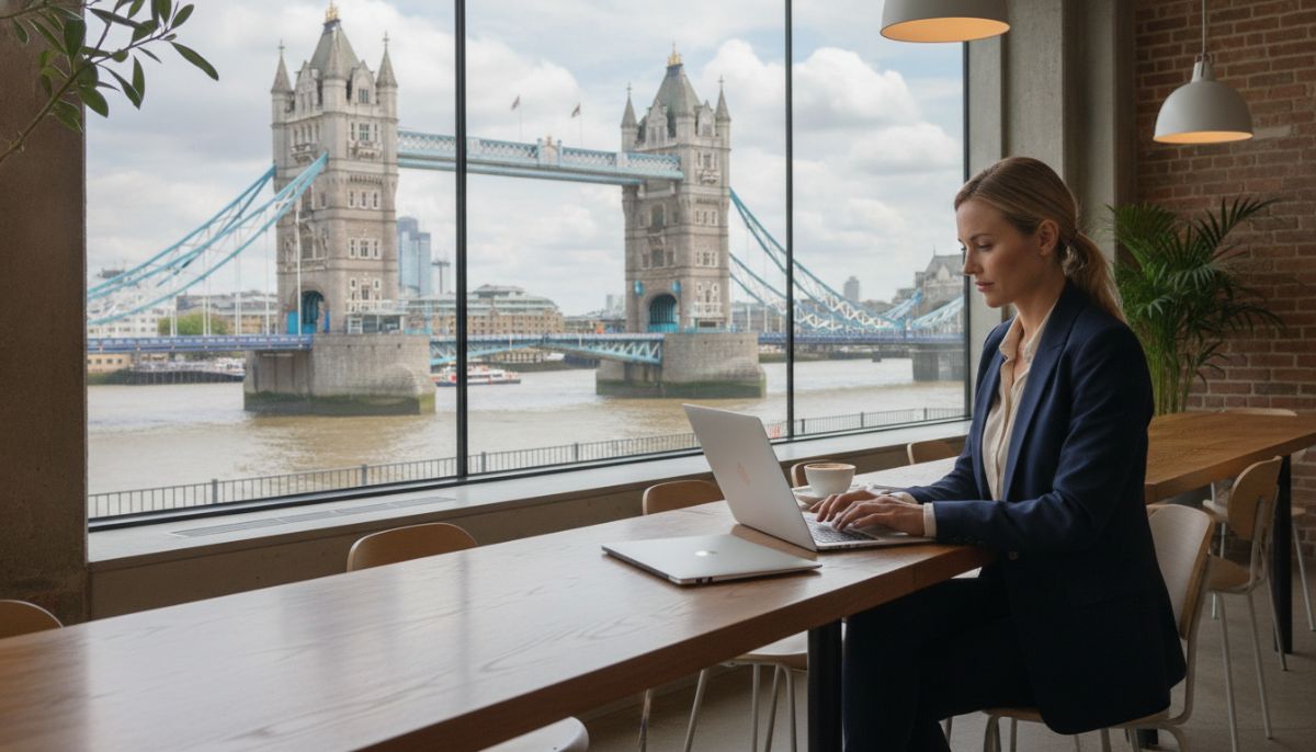 A professional expat entrepreneur working on a laptop in a modern London cafe, with the iconic Tower Bridge visible through the large window, bright natural light, professional photography style