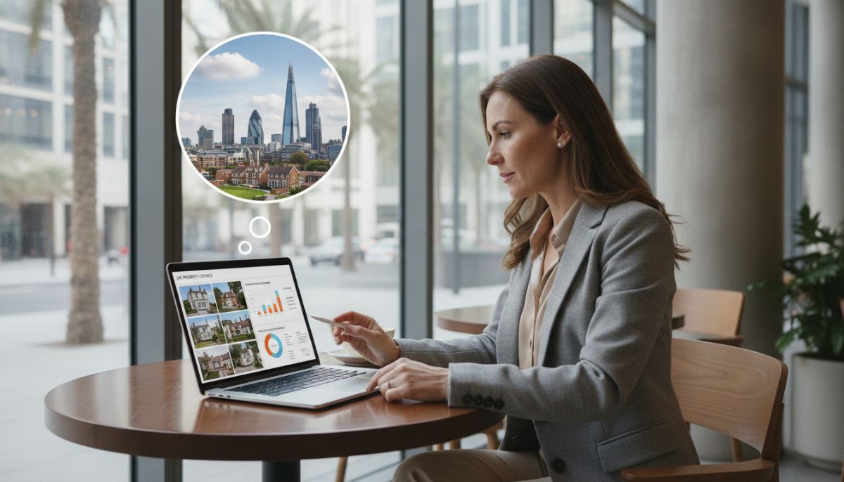 A professional expat sitting in a modern cafe in Dubai or Singapore, looking at a laptop displaying UK property listings and mortgage calculation charts, with a blurred London skyline visible in a thought bubble or background overlay.
