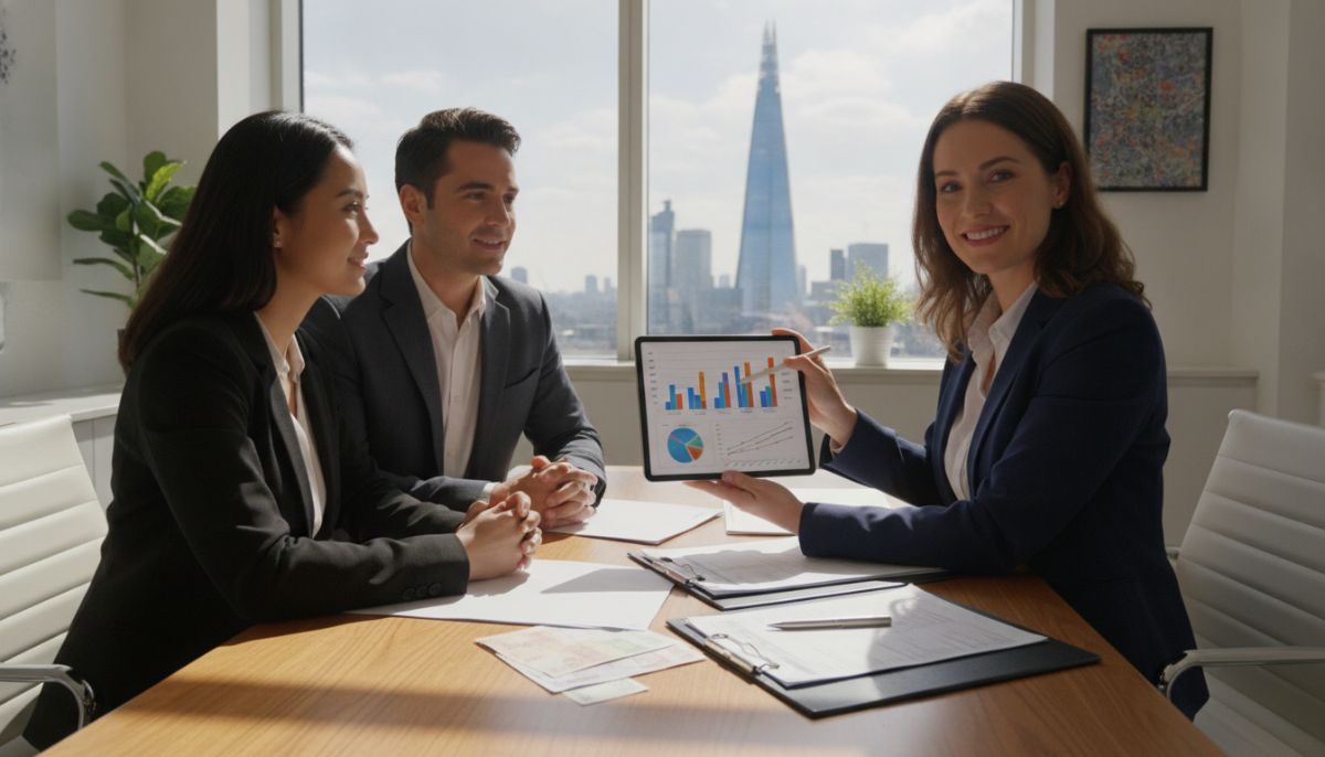 A professional accountant discussing tax documents with an expatriate couple in a modern office in London, showing financial charts on a tablet, bright natural light, professional and reassuring atmosphere