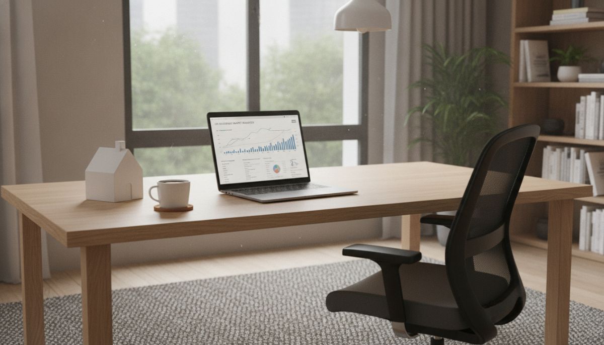 A professional, modern home office setting with a laptop showing UK real estate market charts, a cup of coffee, and a miniature house model on the desk, with soft natural light streaming through the window.