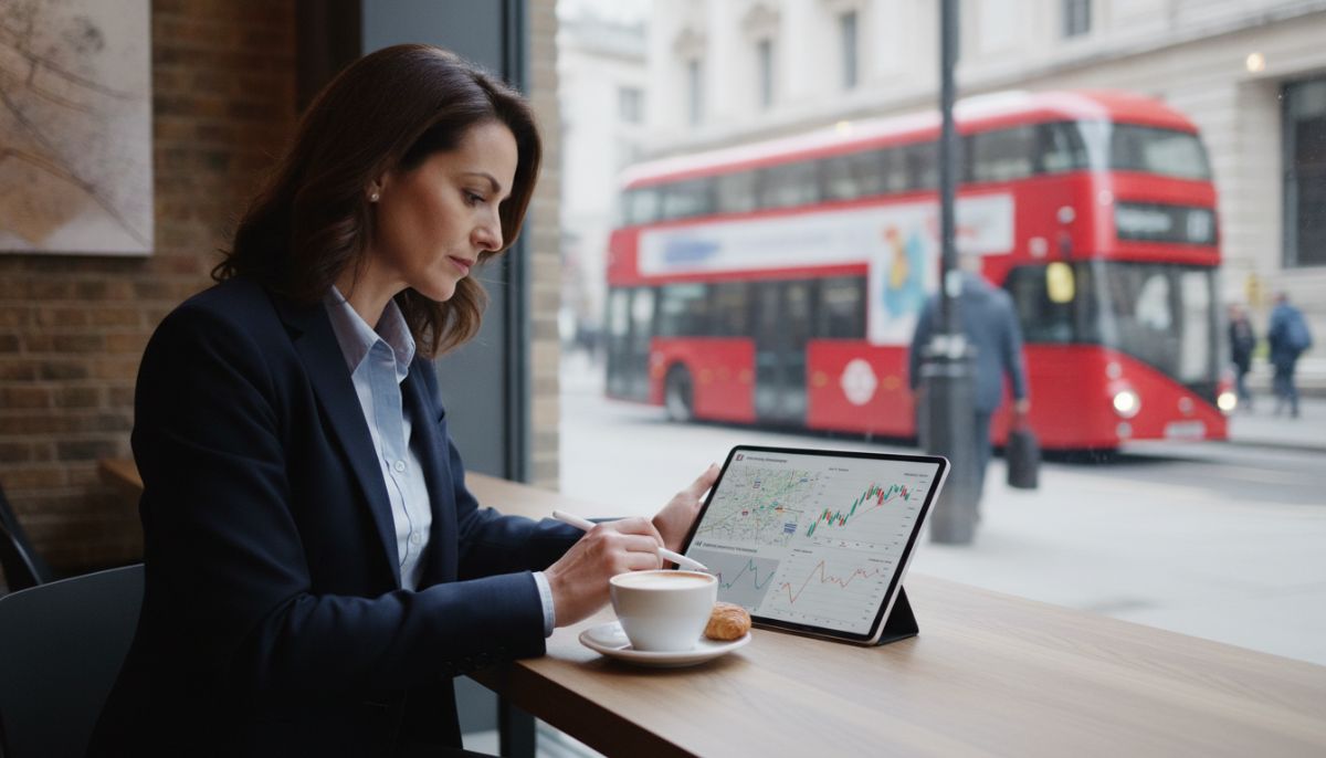 A professional expat sitting in a modern London cafe, reviewing a tablet showing UK property investment portfolios and stock market charts, with a classic red double-decker bus slightly blurred in the background.